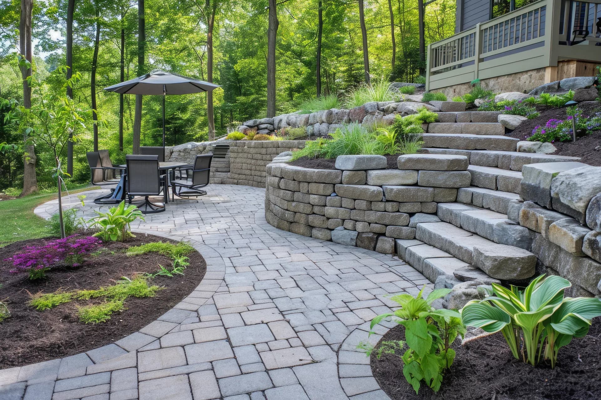 Landscaped patio with paver retaining wall and steps in Lakewood Ranch, FL