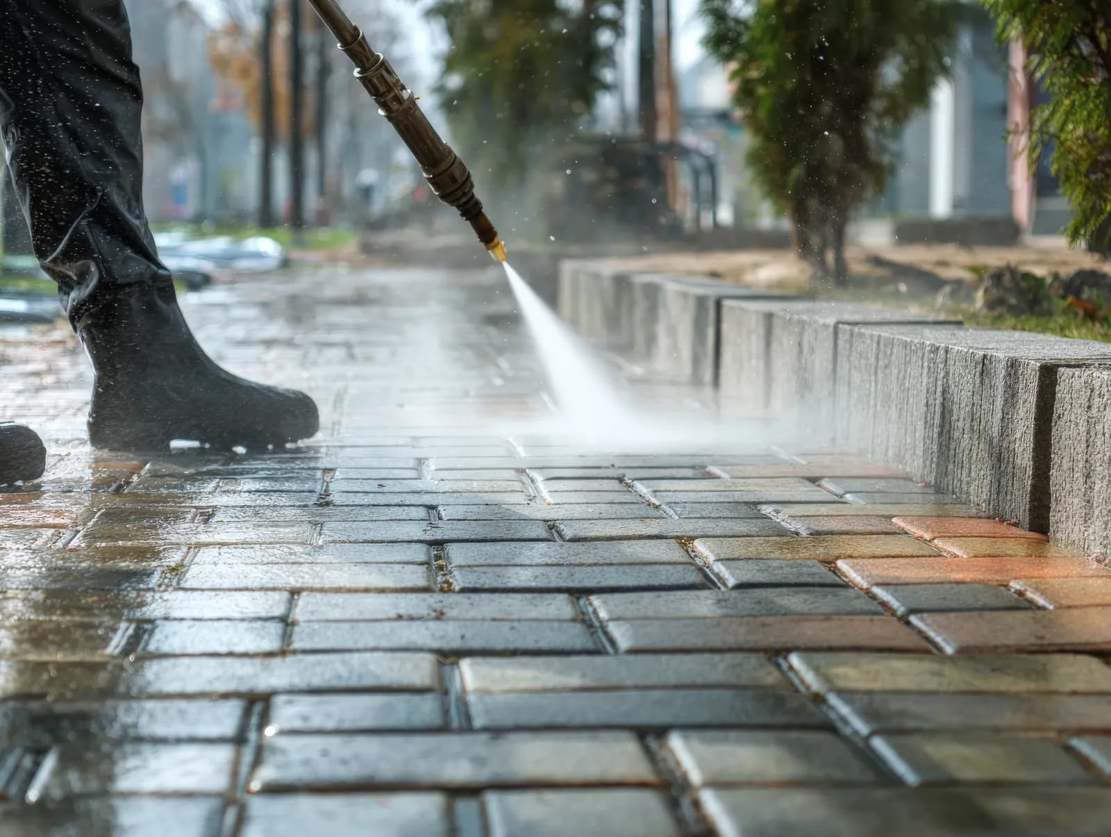 Pressure washing a paver patio to remove dirt and mold in Siesta Key, FL
